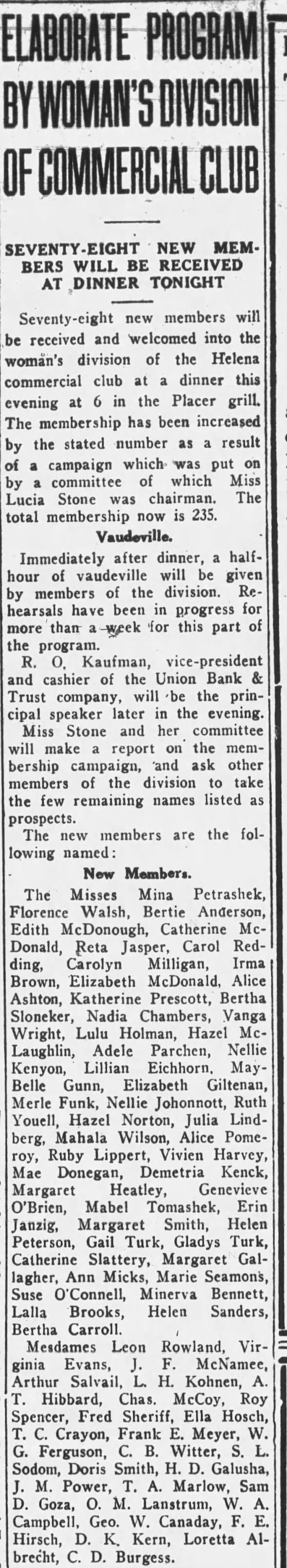 Miss Hazel Norton new member of commercial club, Helena, Montana, 22 Nov. 1922